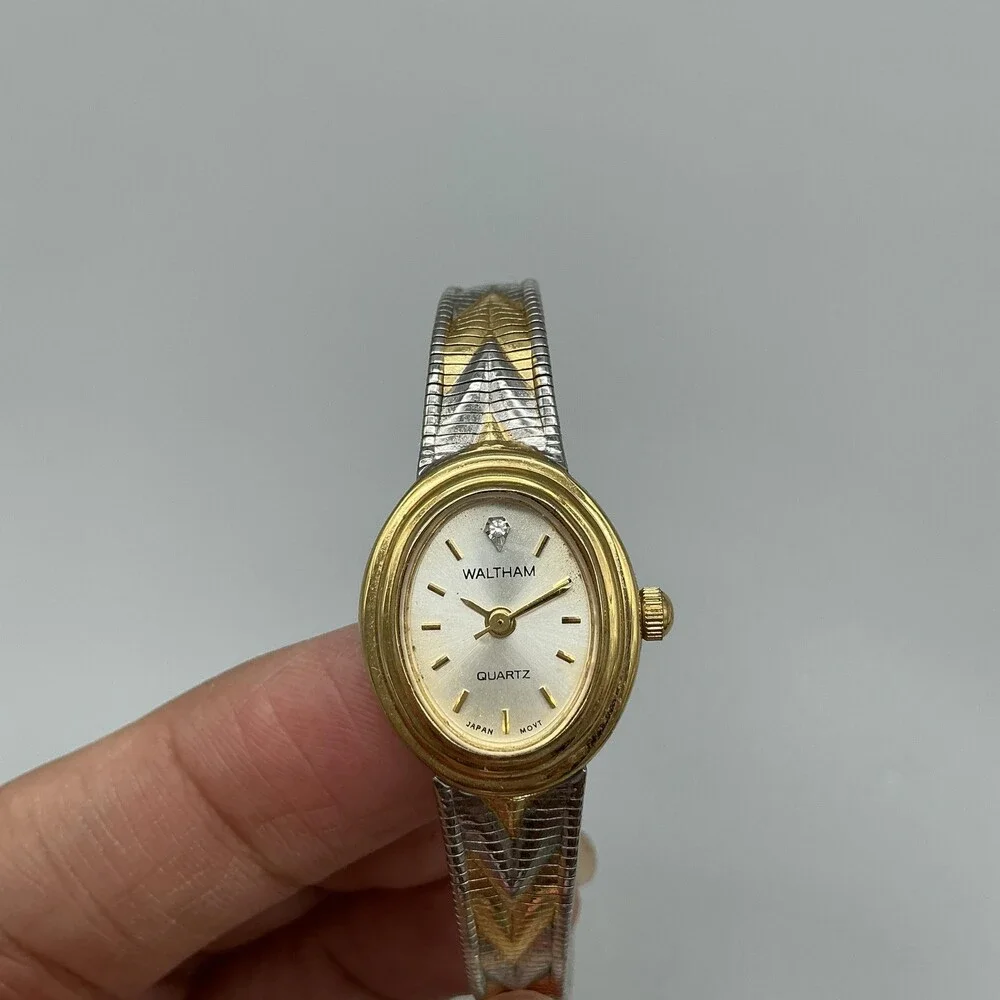 Vintage Waltham Diamond Womens Watch 18mm Silver Gold Two Tone New Battery